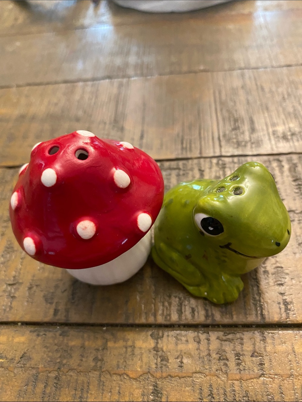 Ceramic Red Polka Dot Mushroom & Green Frog Salt & Pepper Set